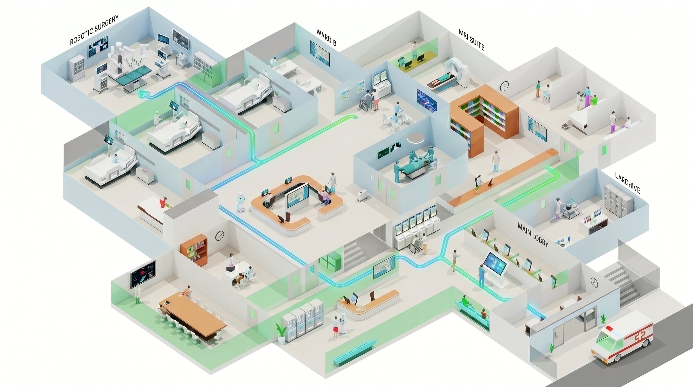 Plan 3D isométrique d'un hôpital — blocs opératoires, suite IRM, étage, laboratoire, hall principal, avec un itinéraire balisé